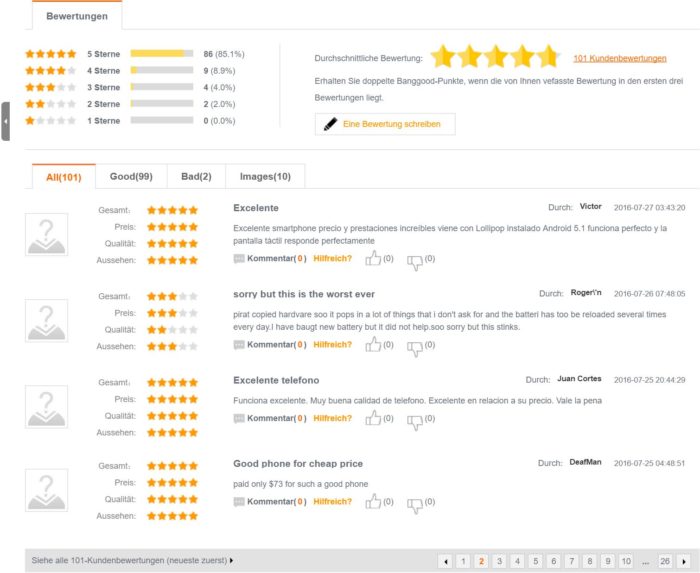 beispielhafte Banggood-Produktbewertungen