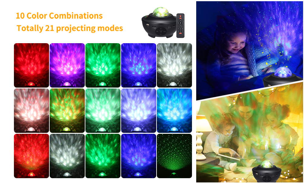 Bluetooth / Sternenprojektor 10 Farb Kombinationen und 21 Projektionsmodi 