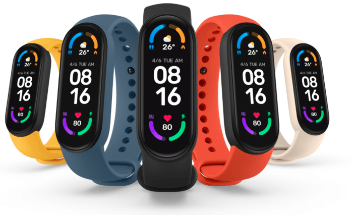 Xiaomi Mi Band 6 Vorderansicht und bunte Bänder