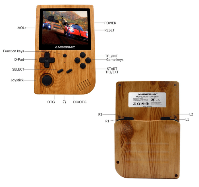 Anbernic RG351V Front und Rückansischt + Bedienelemente