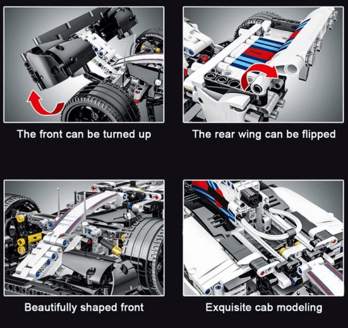 Formel 1 Wagen aus Klemmbausteinen Detailansicht Spoiler, Heck, Nase und Motor