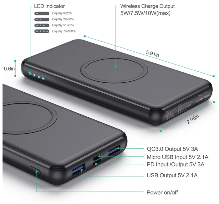 Feob Powerbank Abmessungen und LED Anzeige