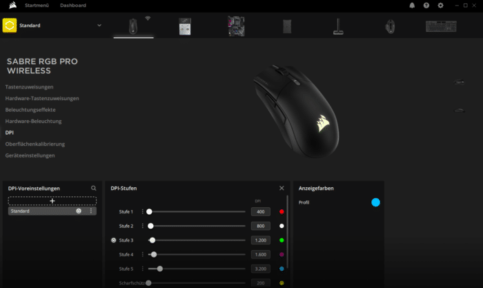 Corsair Sabre RGB Pro Wireless iCUE Software DPI Einstellung