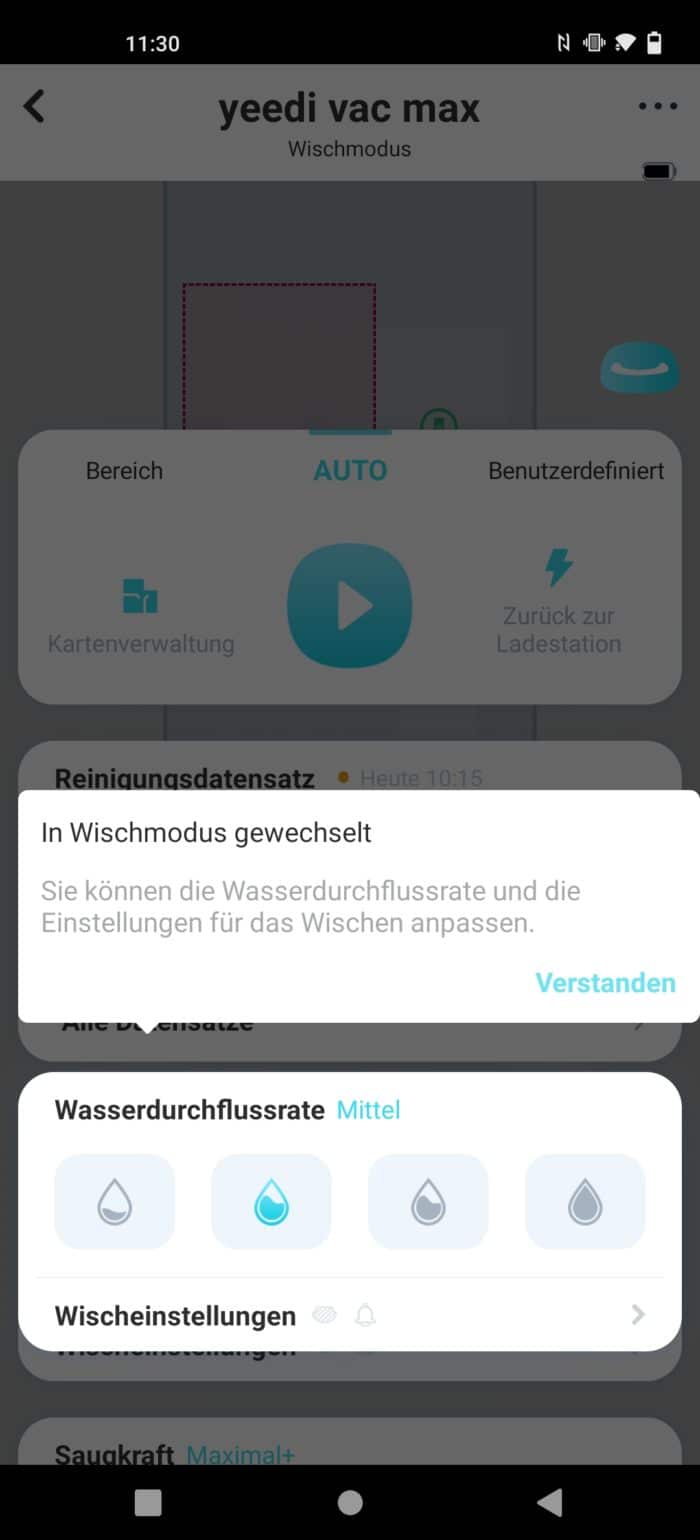 Yeedi vac max App Wasserdurchflussrate