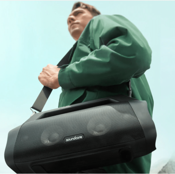 Soundcore Motion Boom Plus with carrying strap