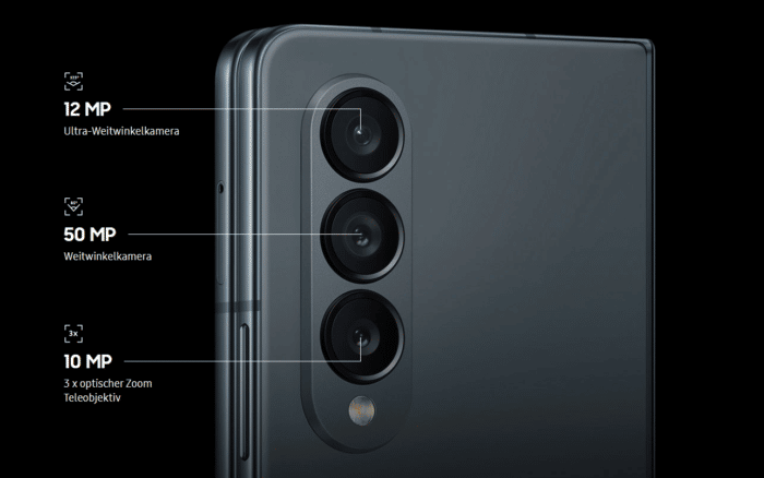 Samsung Galaxy Z Fold4 Kamera setup, 12MP Ultraweitwinkelkamera, 50 MP Weitwinkelkamera, 10 MP Teleobjektiv mit 3 x optischem Zoom