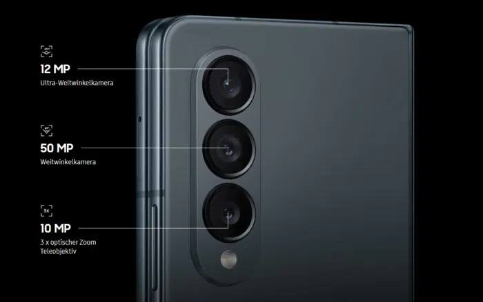 Samsung Galaxy Z Fold4 Kamera setup, 12MP Ultraweitwinkelkamera, 50 MP Weitwinkelkamera, 10 MP Teleobjektiv mit 3 x optischem Zoom