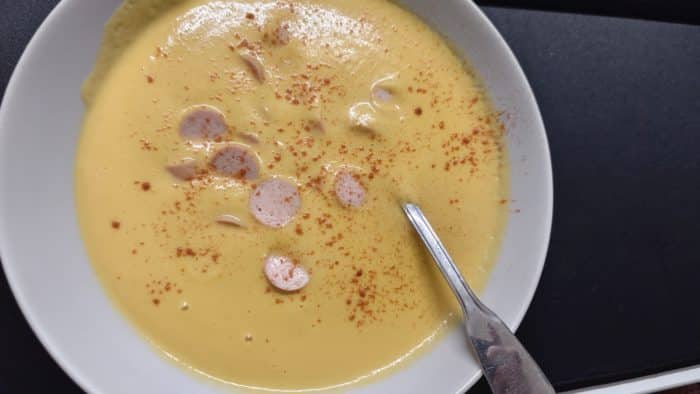 Xiaomi Smart Blender Pumpkin Cream Soup with Wiener Pieces and Cayen Pepper