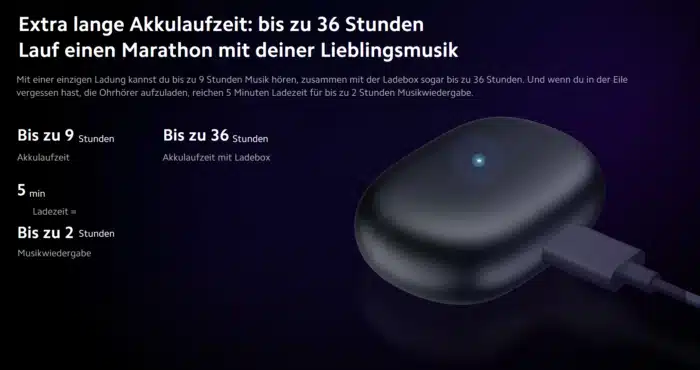 Redmi Buds 4 Pro Akkulaufzeit Kopfhörer und Ladebox