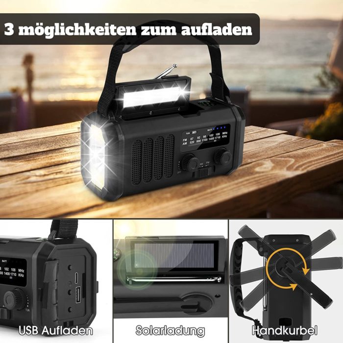 Solar Radio mit 3 verschiedenen Auflade Möglichkeiten, Solar, Micro-USB, Handkubel
