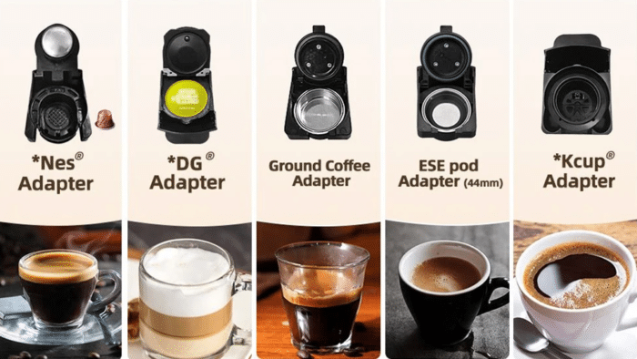 HiBREW H2B 5-in-1-Kaffeemaschine mit verschiedenen Adaptern
