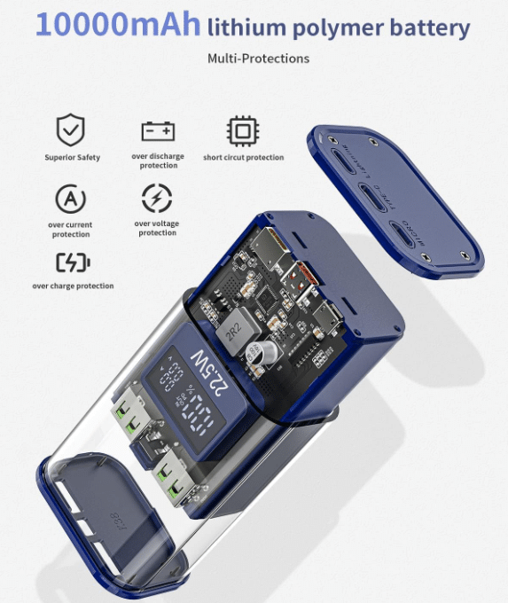transparente Powerbank optik im Gehäuse, Explosionsdarstellung