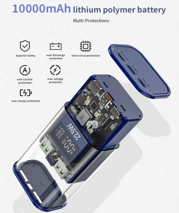 transparente Powerbank optik im Gehäuse, Explosionsdarstellung