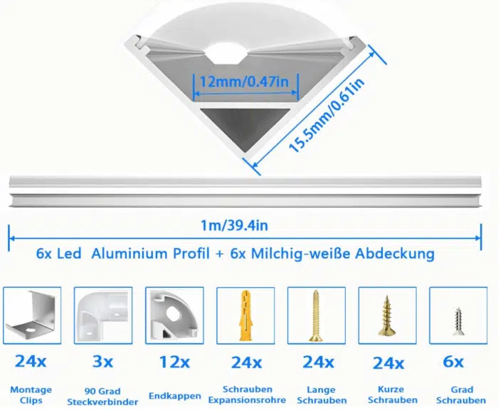 LED Aluminium Profil 45 Grad, 6x1M Stripe Profil V Form