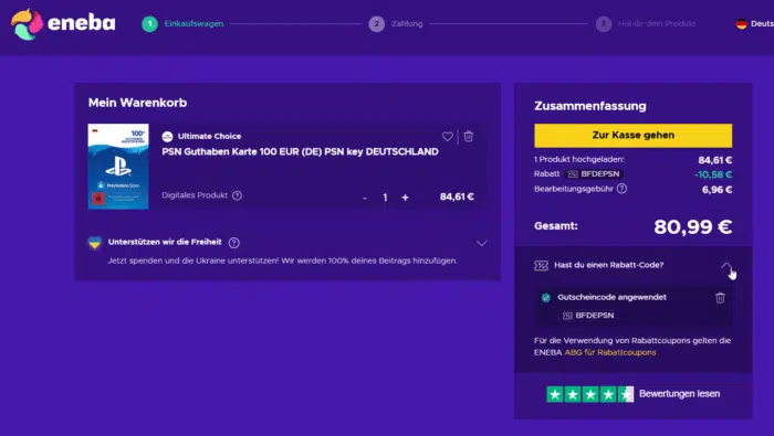 ENEBA PSN Gutschein vergünstigt kaufen 100€ für 80,99€